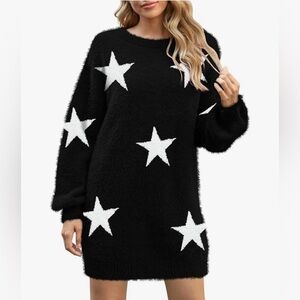 Boutique Brand Fuzzy Black/White Oversized Star Tunic Sweater Size Large